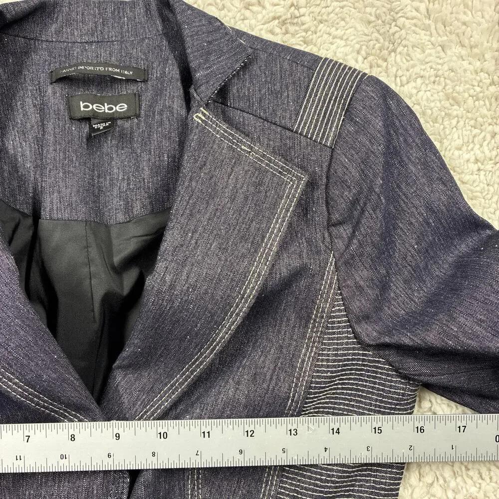 Bebe Blazer Jacket Womens 2 Blue Luxury Blend Fitted 3/4 Sleeve Italian Fabric